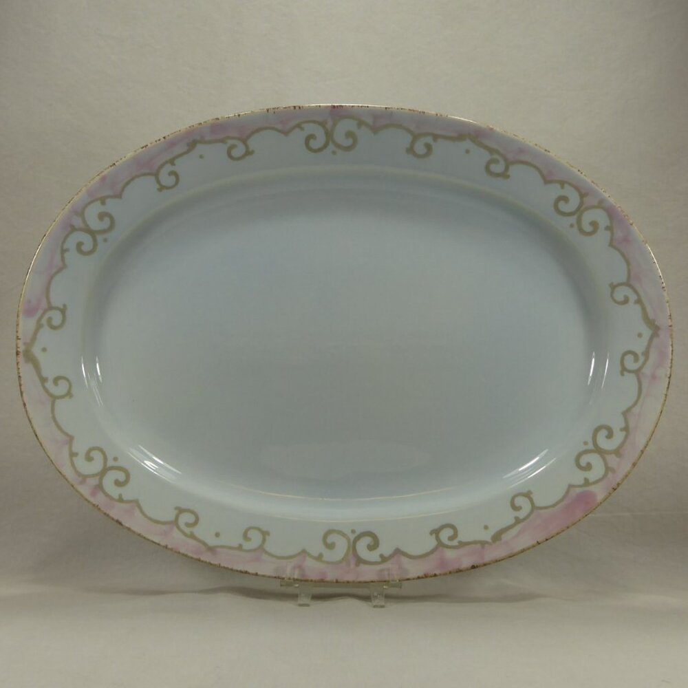 Real Portugal Oval Serving Platter Tray 16" Light Blue Pink Watercolor Scroll